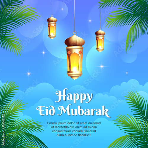 Islamic lantern ramadan kareem greeting with blue sky and palm trees illustration