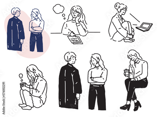 白黒、モノトーン、線画のイラスト(手書き、オシャレ、雑誌、ファッション、可愛い、人物、女の子) Black and white, monotone, and line drawing illustrations.Handwritten, stylish, magazine, fashion, cute, person, girl.	
