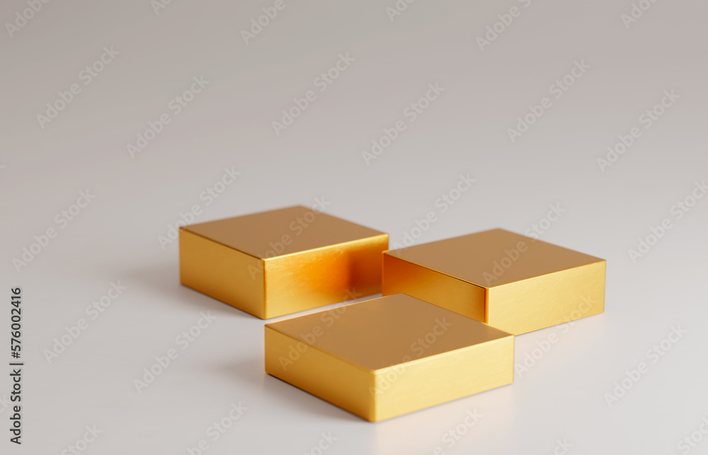 Gold leaf covered boxes with small bevel. Product advertising marketing background. Various heights in stages. Gold leaf covered boxes with small bevel. Product advertising marketing background. Various heights in stages.