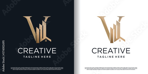 letter v logo design template with building concept premium vector