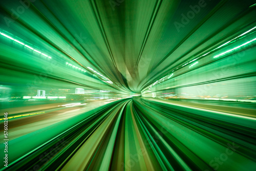 Motion blur from Yurikamome Line moving inside tunnel in Tokyo, Japan