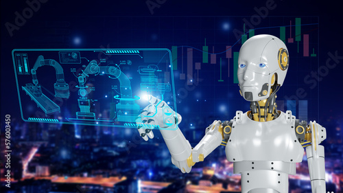 Robot on a modern city background. A concept of artificial intelligence for the industrial revolution and the automation of manufacturing processes.