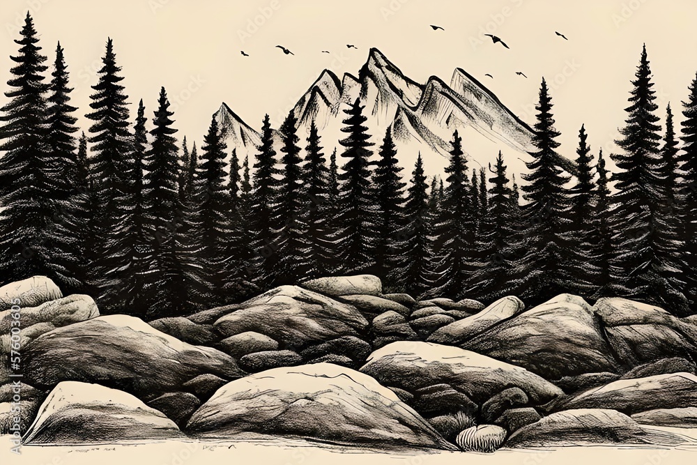 Mountain with pine trees and landscape black on white background. Hand ...