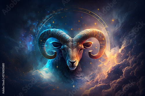 the astrological sign of Aries, set against a beautiful space nebula background. astrology, horoscopes, and fortune-telling concept