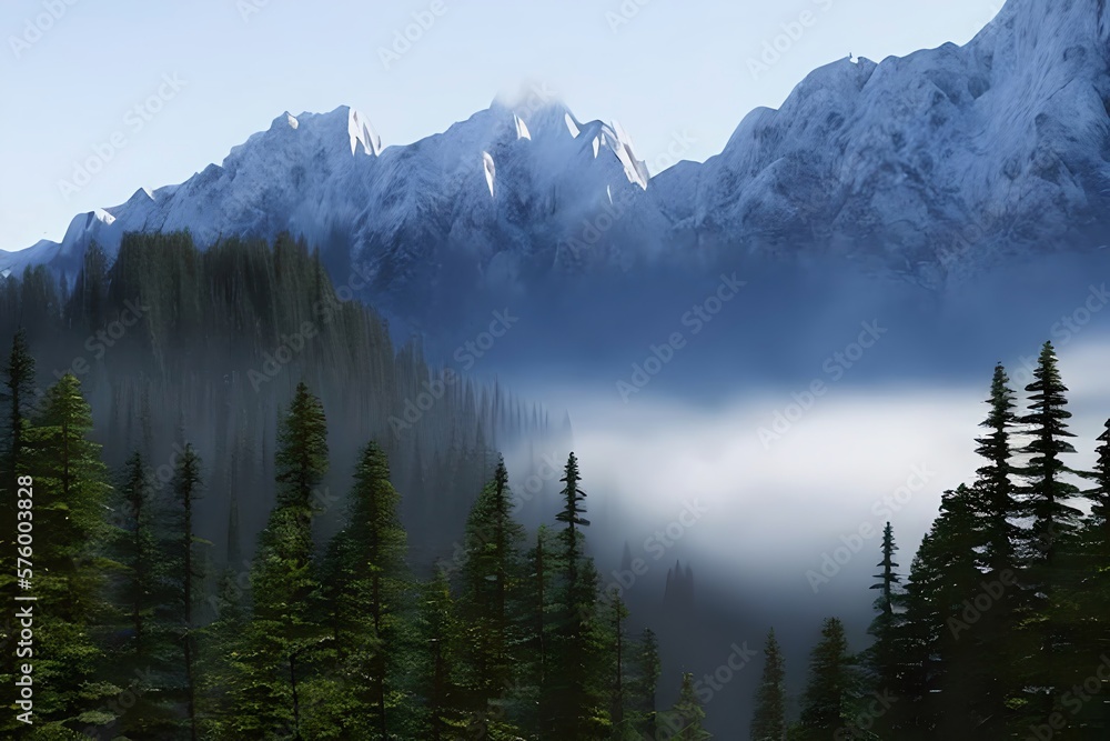 mountains peaks out of the fog over a forest valley. Generative AI