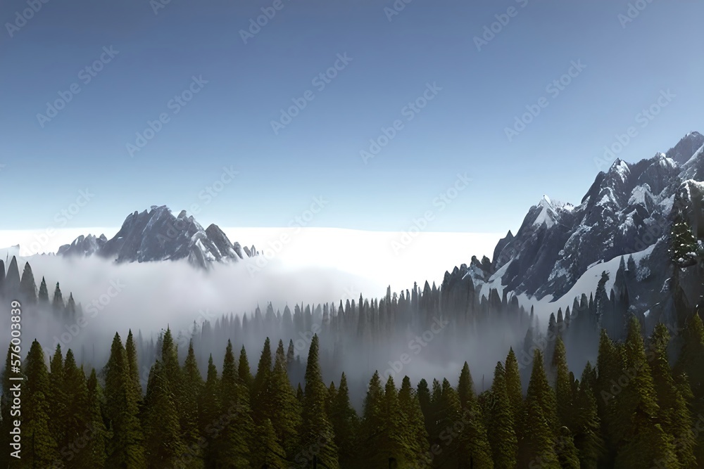 mountains peaks out of the fog over a forest valley. Generative AI
