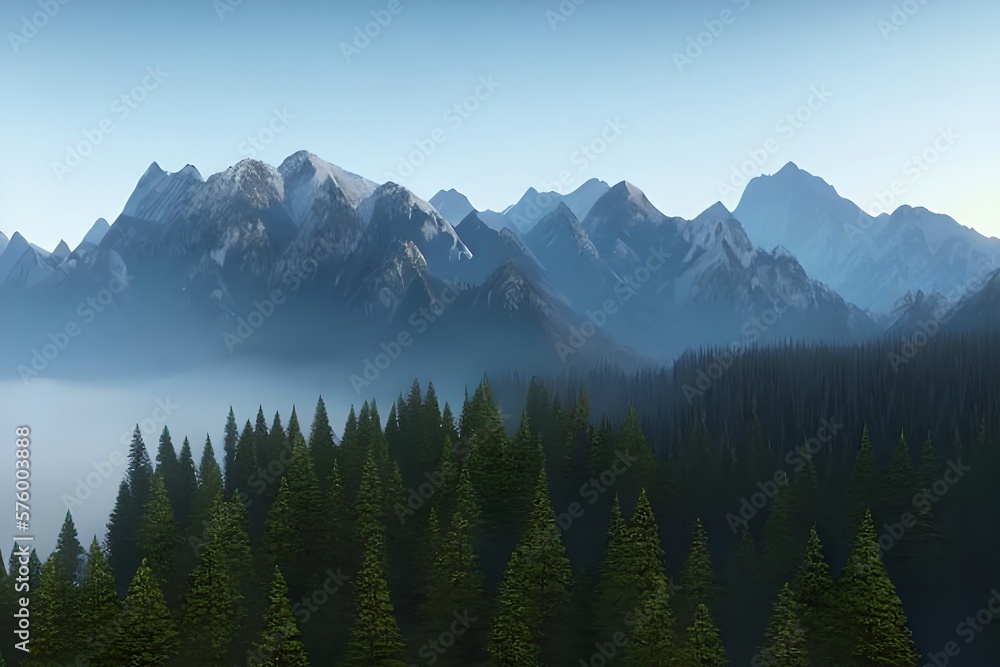 Fototapeta premium mountains peaks out of the fog over a forest valley. Generative AI