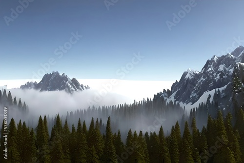 mountains peaks out of the fog over a forest valley. Generative AI © Pixel Matrix