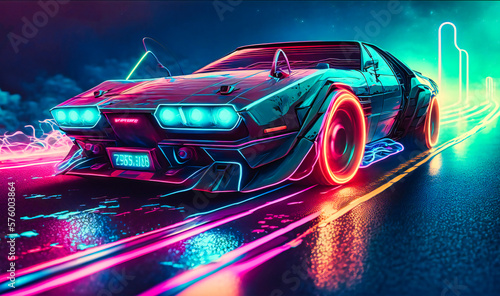 Futuristic and edgy  a neon-lined retro wave car zooms down the road  a testament to the endless possibilities of technology