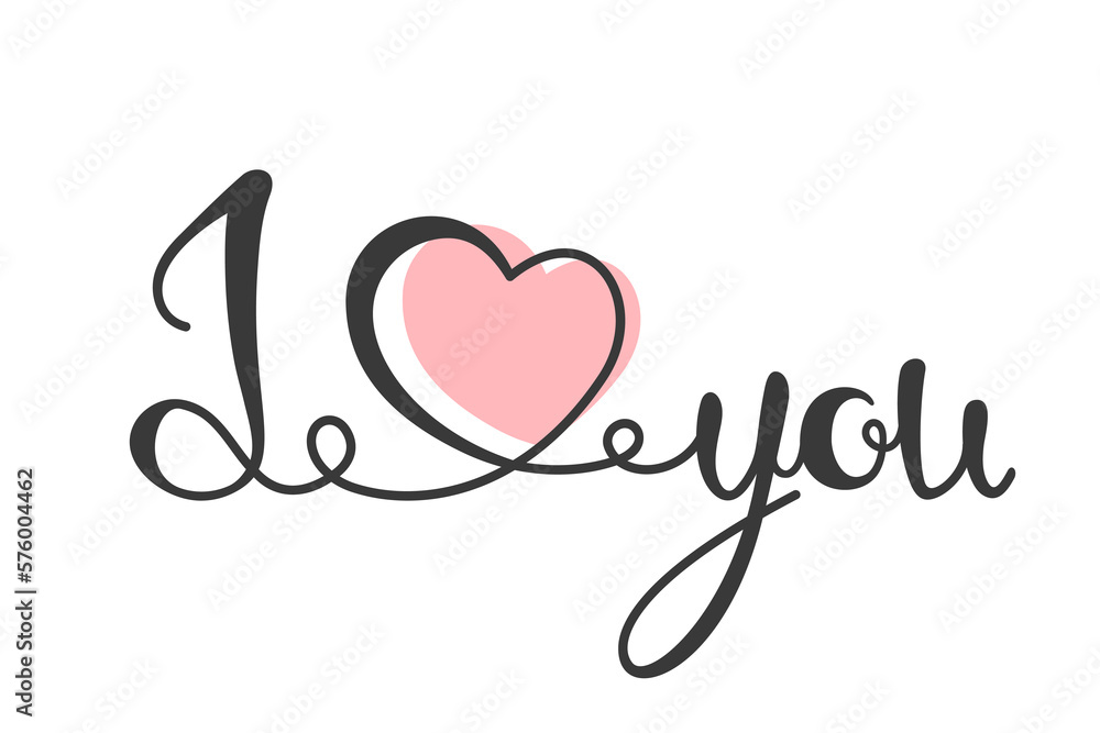 I love you lettering with heart isolated on white background. Calligraphy card.  I heart you. Hand drawn design elements. Vector illustration