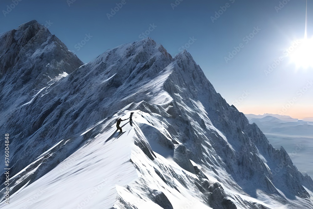 Reaching your goals concept, mountain climber folowing path to flag on top of mountain, illustration. Generative AI