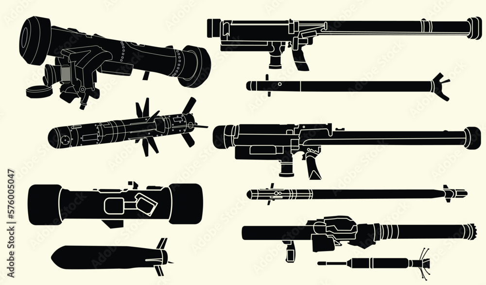 Military Hand Grenade and Bazooka Portable Rocket Launcher Collection,vector illustration.