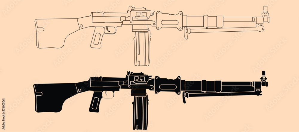 Rpd machine gun vector illustration with outline and silhouette. Stock ... Image of machine gun