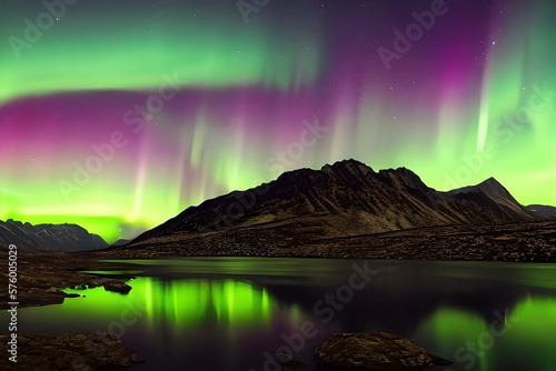 Rugged Mountains with Aurora Lights. Green Sky Wallpaper with copyspace. Generative AI