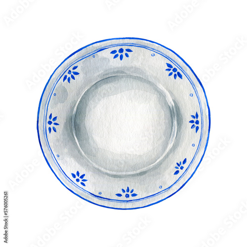 Watercolor plate with blue pattern illustration clipart