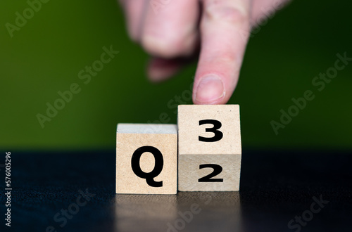 Symbol for the 3rd Quarter of the year. Hand turns dice and changes the expression Q2 to Q3.