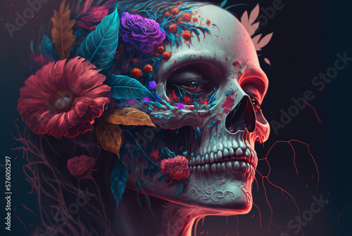 Gothic Flowers skull. Generative AI
