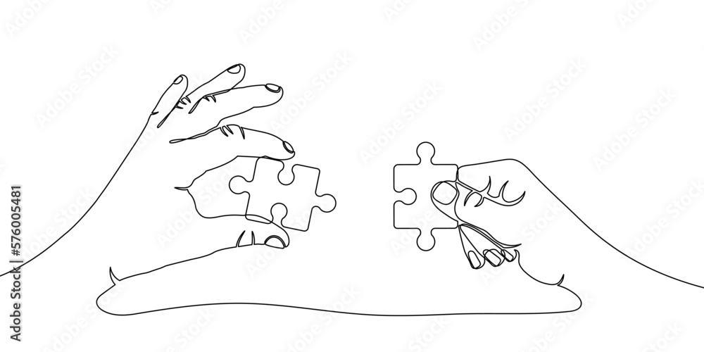 Obraz premium Two hands holding jigsaw puzzle pieces to put them together, drawn with one continuous line. One line teamwork or collaboration concept with jigsaw puzzle elements. Vector illustration.
