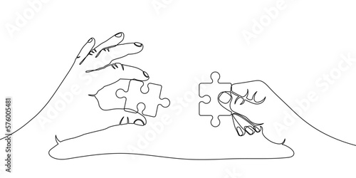 Two hands holding jigsaw puzzle pieces to put them together, drawn with one continuous line. One line teamwork or collaboration concept with jigsaw puzzle elements. Vector illustration.
