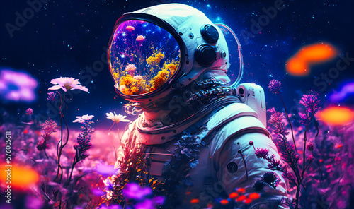 The astronaut basked in the surreal beauty of an alien world, surrounded by a sea of blooming wildflowers