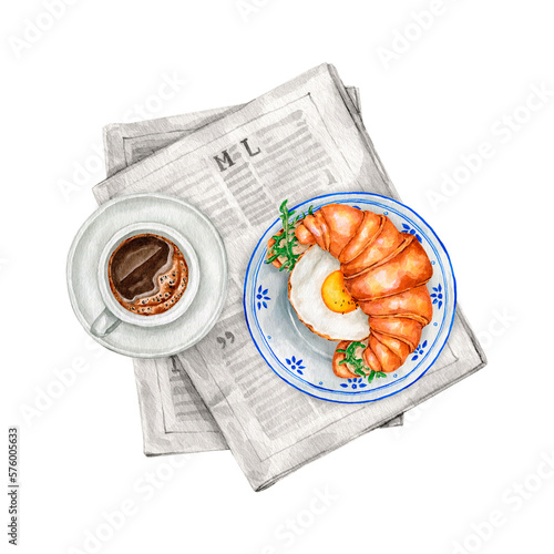 Watercolor breakfast arrangement with coffee and croissants illustration