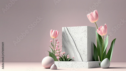 3D Background marble podium and pink tulips and leaves. soft. Product presentation. luxury mockup 3d render advertisement copy space mockup. mother woman day. event jewellery	
