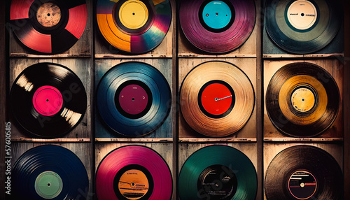 Illustration of a background of old vinyl records. Generative AI.