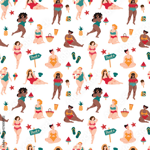 Vector seamless pattern with chubby funny girls in swimsuits in a flat style. Summer beach pattern with girls in swimsuits