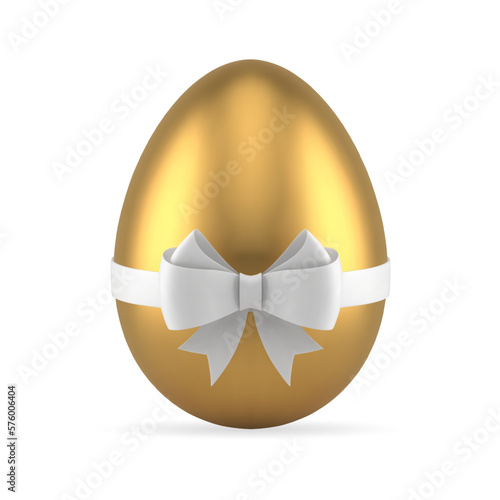 Golden Easter chicken egg with bow ribbon festive religious holiday gift 3d icon realistic vector