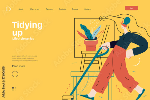 Lifestyle web template - Tidying up, housekeeping - modern flat vector illustration of a woman cleaning the floor with a vacuum cleaner. People activities concept