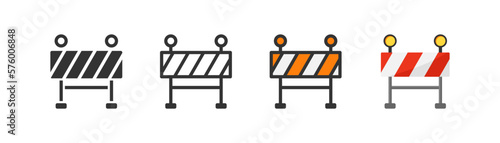 Road barrier icon on light background. Warning, roadblock symbol. Under construction, traffic, stop, fence, safety. Outline, flat and colored style. Flat design. Vector illustration.