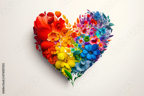 Rainbow color heart made of flowers isolated on white background. This illustration represents concept of love for LGBTQ, gay, lesbian, pride and bisexsual. Digital illustration generative AI. photo