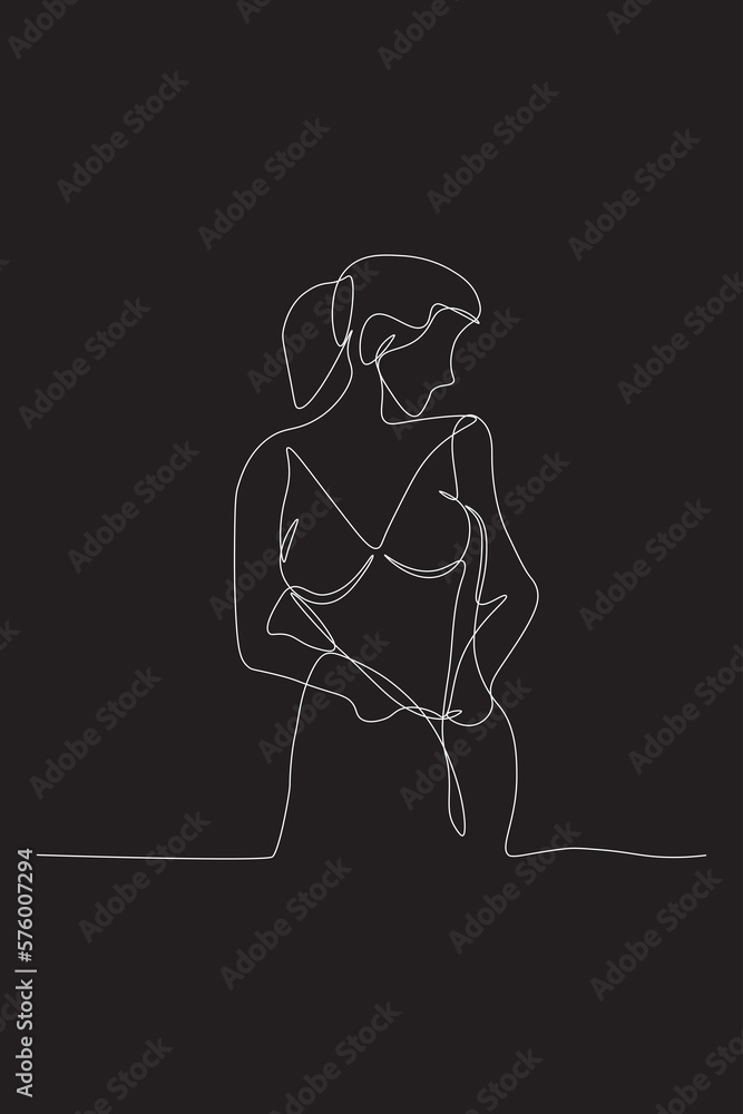 Single-line illustration of a woman. Line drawing art. One line woman in Black and white color