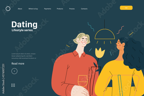 Lifestyle web template - Dating - modern flat vector illustration of a woman and a man dating in the restaurant sitting at the table drinking wine, vase with a flower. People activities concept