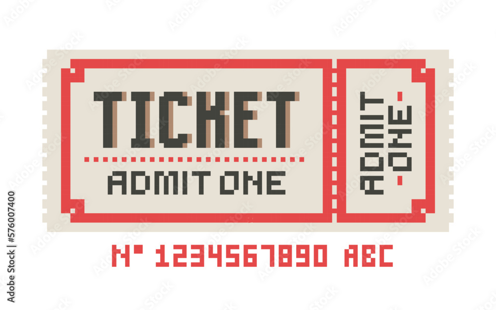 Editable Pixel Ticket design Pixel Art ticket isolated vector. Cinema