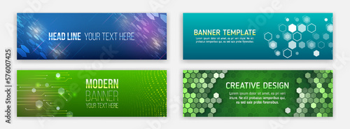 Blue futuristic science presentation collection. Modern banner design for medicine, internet network, artificial intelligence, big data. High-tech media cover. Technology horizontal banners set.