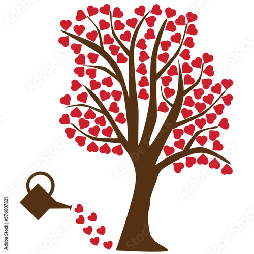 Isolated tree on white background with lots of red hearts shapes hanging on branches like blooming flowers, valentines day card inspiration, watering can with love inside
