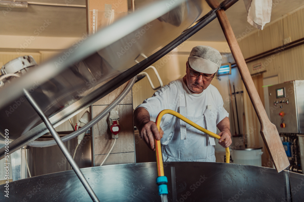 A cheese makser working in the industry on various machines with the help of which cheese is processed. Small business concept A cheese makser working in the industry on various machines with the help of which cheese is processed. Small business concept