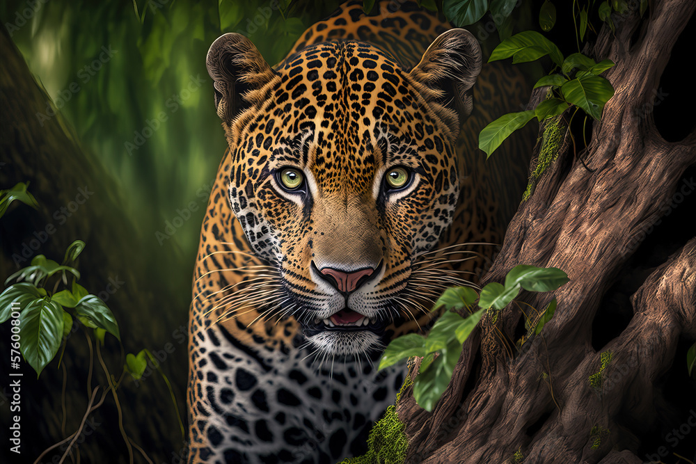 Close up portrait of a leopard. Dangerous predator in natural habitat. Wildlife scene. Digital ai art - obrazy, fototapety, plakaty 