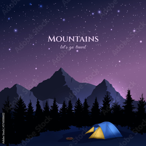 Night landscape. Tent, bonfire, forest, mountains on the background of the starry sky. Vector illustration for banner, cover, background. Summer camp, camping, outdoor recreation, tourist design.
