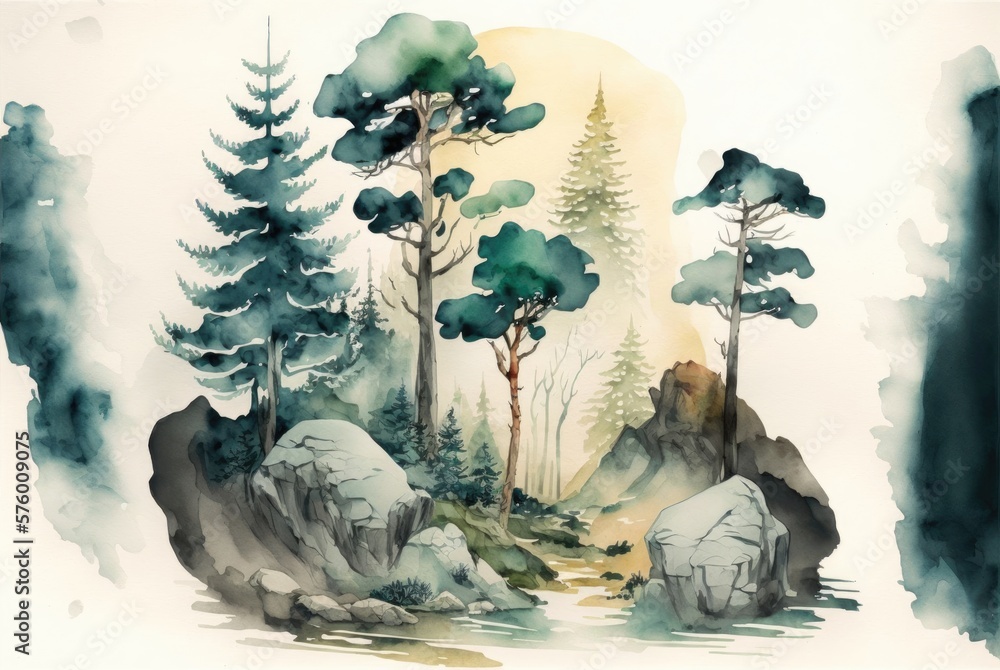 Watercolor green conifer pine tree woodland, rustic sepia brown tone, artistic minimalism - negative space silhouette evergreen landscape - generative AI.