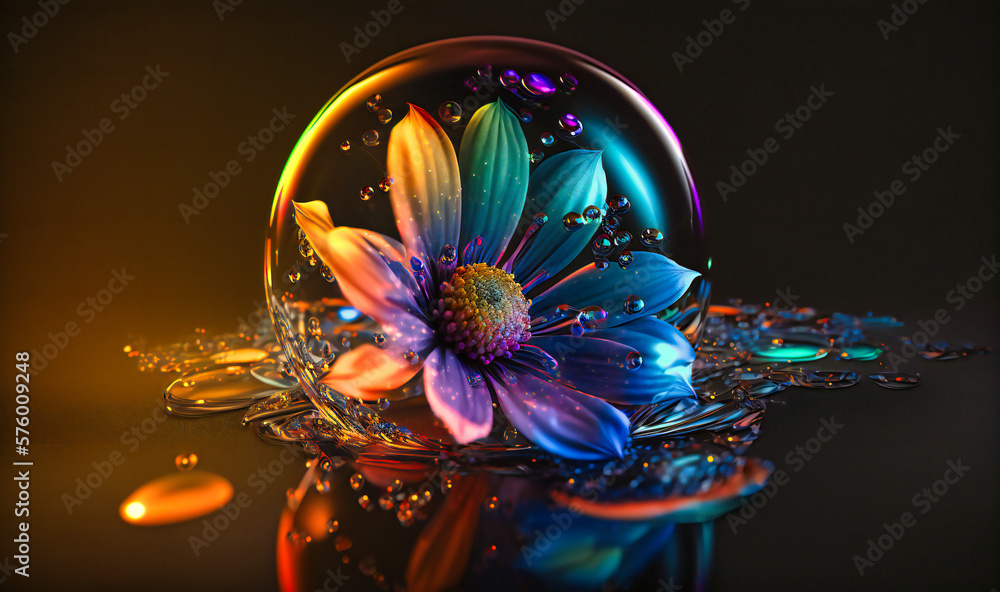 A droplet of water on a flower petal, reflecting the colors of the surrounding blooms