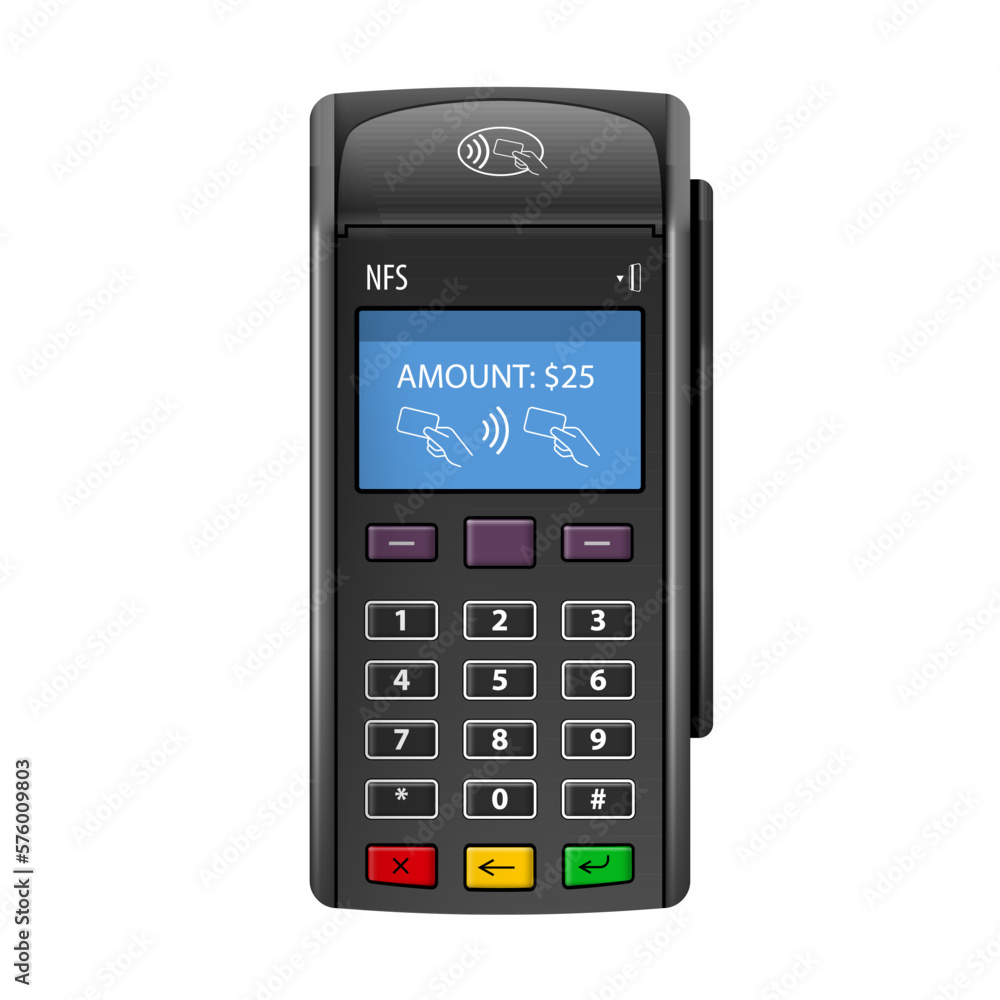 Bank Terminal for Payment Purchases in Store. Top View of a POS Payment Terminal on White Background Bank Terminal for Payment Purchases in Store. Top View of a POS Payment Terminal on White Background