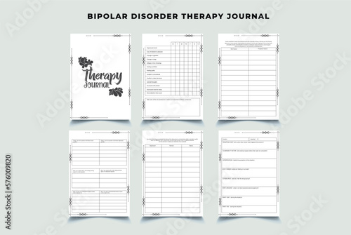 Minimalist bipolar disorder therapy journal pages templates. Organizer page, diary, and daily control book. Life planners, weekly and day organizers, or office schedule lists.