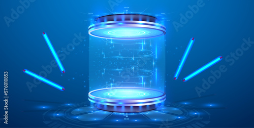 Circle portals, teleport, hologram gadget. Blank display, stage or magic portal, podium for show product in futuristic cyberpunk or hud style. Sky-fi digital hi-tech elements for presentation product.