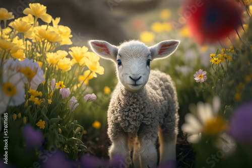 A cute baby spring lamb in a field of spring flowers. Generative ai