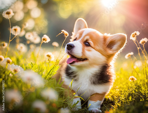 Adorable fluffy puppy corgi in a spring meadow, white spring flowers in green grass, sun rays. Generative AI