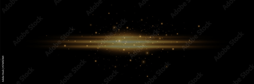 Golden lines, laser beams, bright light beams with sparkles, bokeh and dust on a transparent background. vector illustration