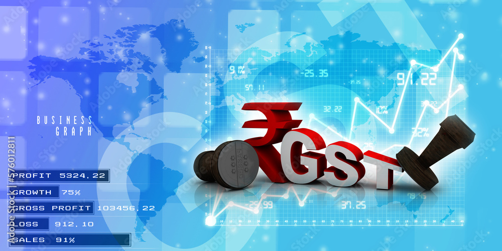 3d rendering GST Tax India with rupee sign near rubber stamp Stock