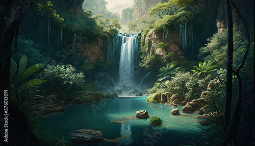 A majestic waterfall cascading down a steep cliff into a tranquil pool below  surrounded by lush vegetation and towering trees  National Geographic  waterfall  water  nature  cascade  falls  river  